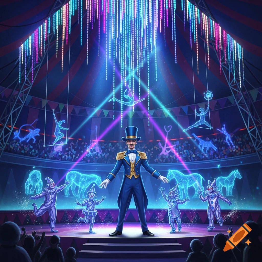 A stylized ringmaster stands center stage in a vibrant digital circus tent, surrounded by glowing holographic performers, animals, and clowns. An audience watches from the foreground.