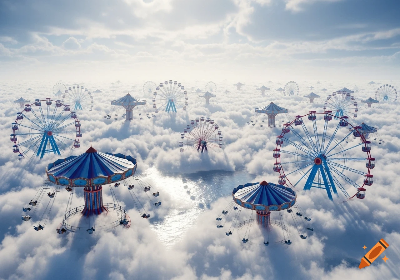Numerous Ferris wheels and swing rides rise through fluffy white clouds above a reflective body of water.
