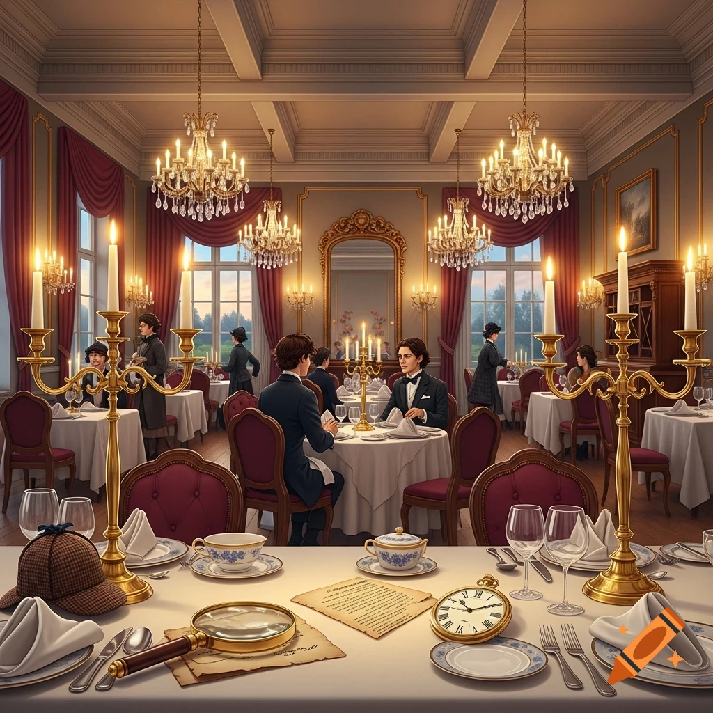An elegant Victorian-themed dining room, richly decorated with chandeliers and red drapes, where guests in formal attire enjoy a meal. Sherlock Holmes props like a magnifying glass, pocket watch, and old letters are on a foreground table.