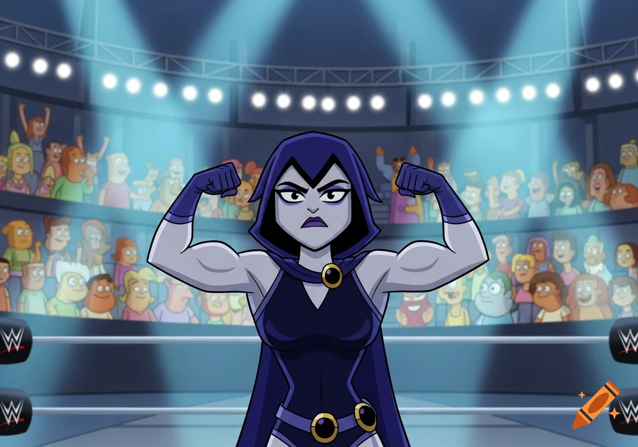 Cartoon Raven from Teen Titans flexes her bicep muscles with a stern expression in a wrestling arena, wearing a dark blue WWE uniform.