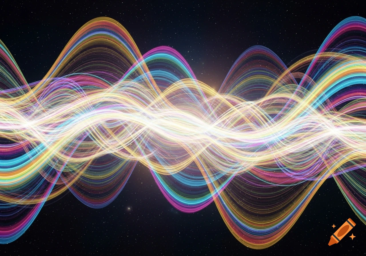 Vibrant, rainbow-colored wavy light lines pulse against a dark, starry cosmic background.