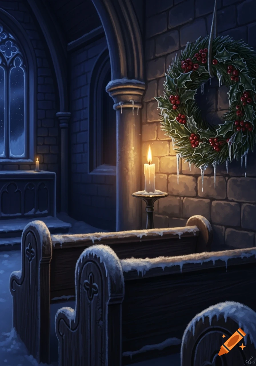 A snowy church interior at night with a lit candle, wooden pews, and an icy Christmas wreath on a brick wall.