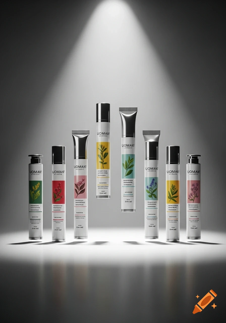 Eight sleek, metallic-capped cosmetic tubes with botanical labels, standing upright under a bright spotlight against a gray background.