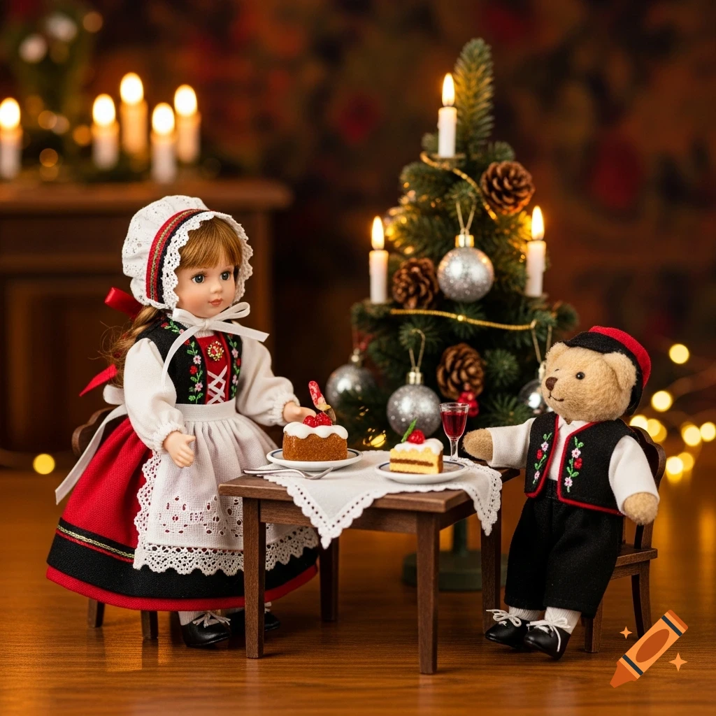 A doll and a teddy bear in traditional Alsatian attire sit at a small table with cake, next to a lit Christmas tree.