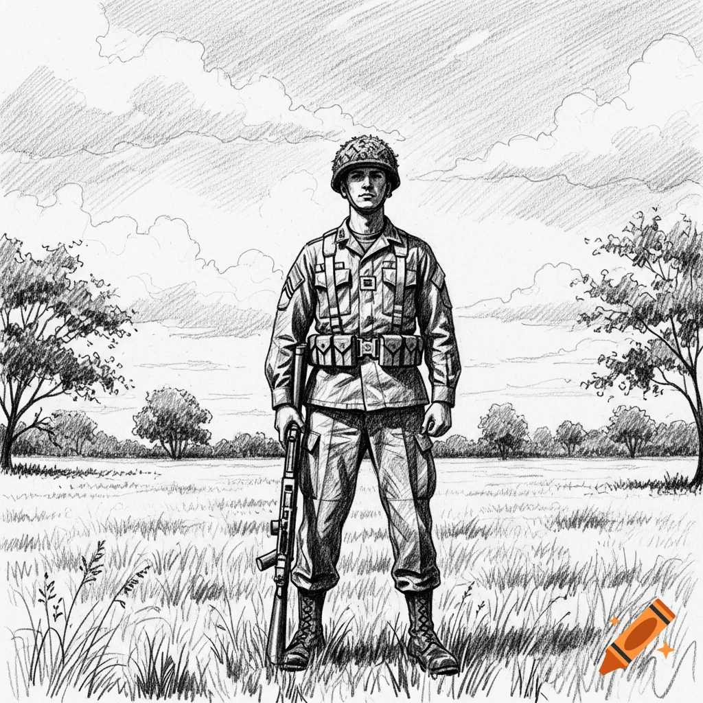 A black and white sketch of an American soldier in uniform standing in ...