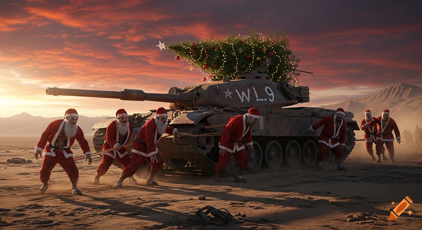 Zombie Santas in a desolate desert pull a rusty tank adorned with a Christmas tree under a dramatic sunset.