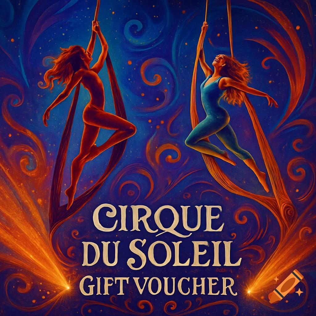 Artistic poster with two acrobats on silks against a swirling blue and orange background, featuring 'CIRQUE DU SOLEIL GIFT VOUCHER' text.