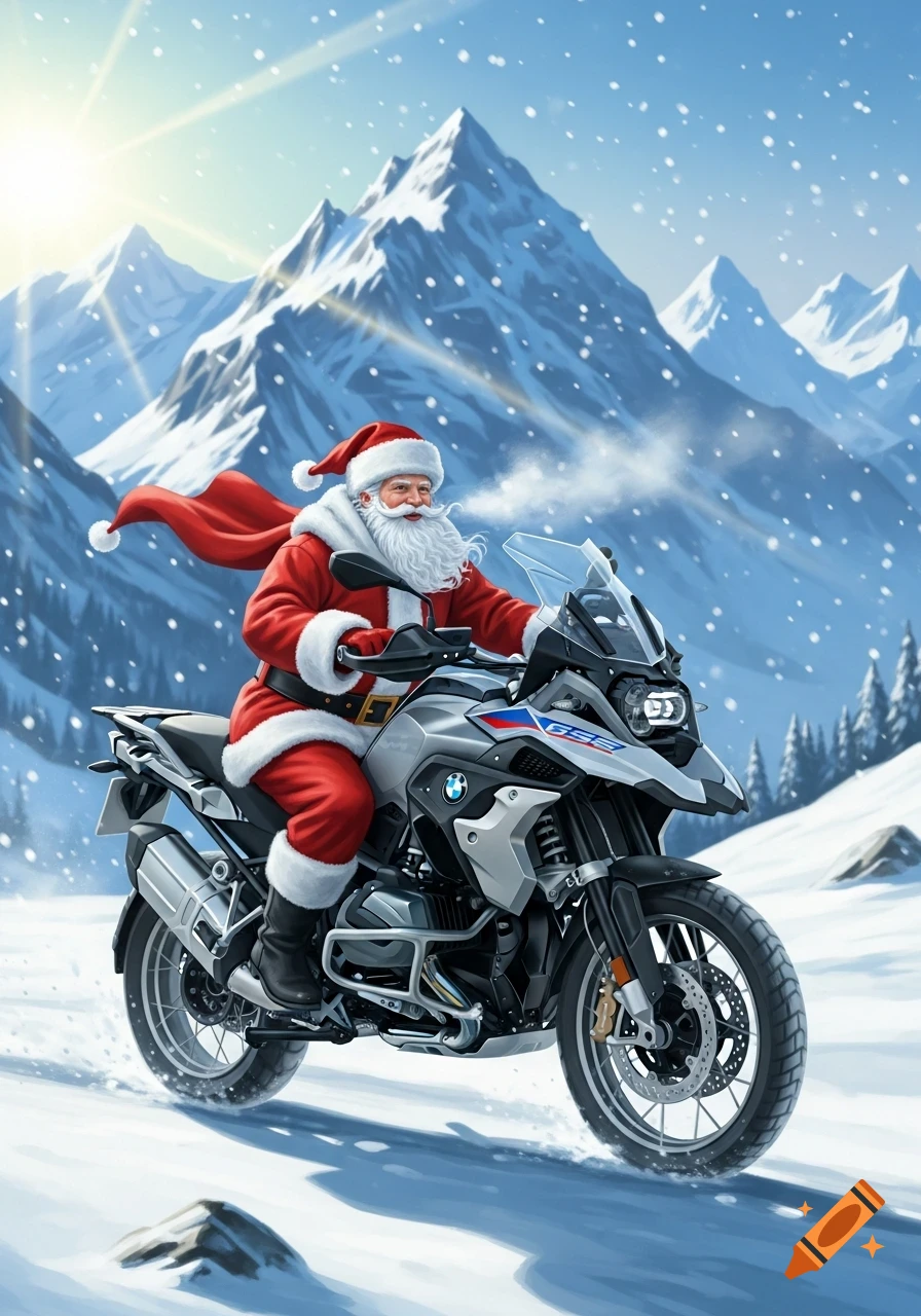 Santa Claus riding a BMW GS motorcycle through a snowy mountain landscape in a stylized illustration.