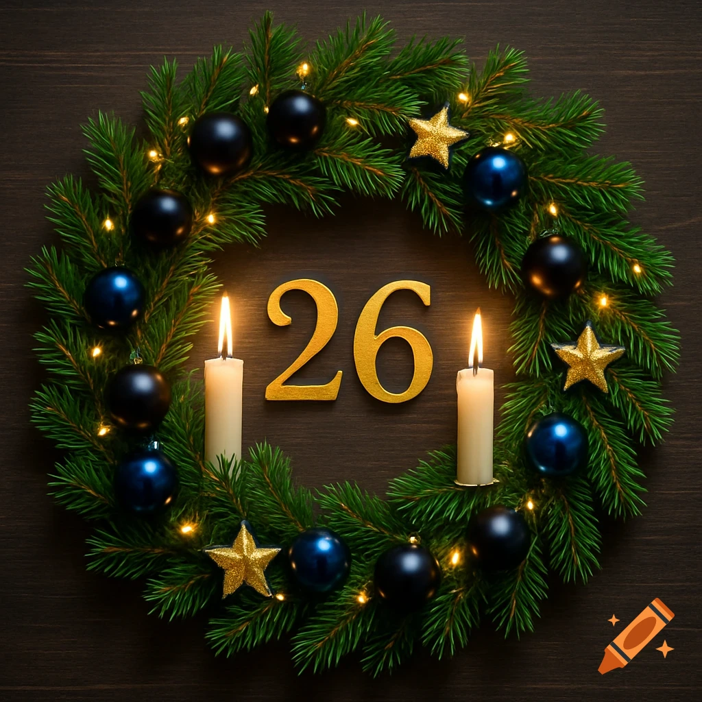 A festive Christmas wreath made of green pine branches adorned with black, blue, and gold ornaments, two lit candles, and the golden number '26' in the center.
