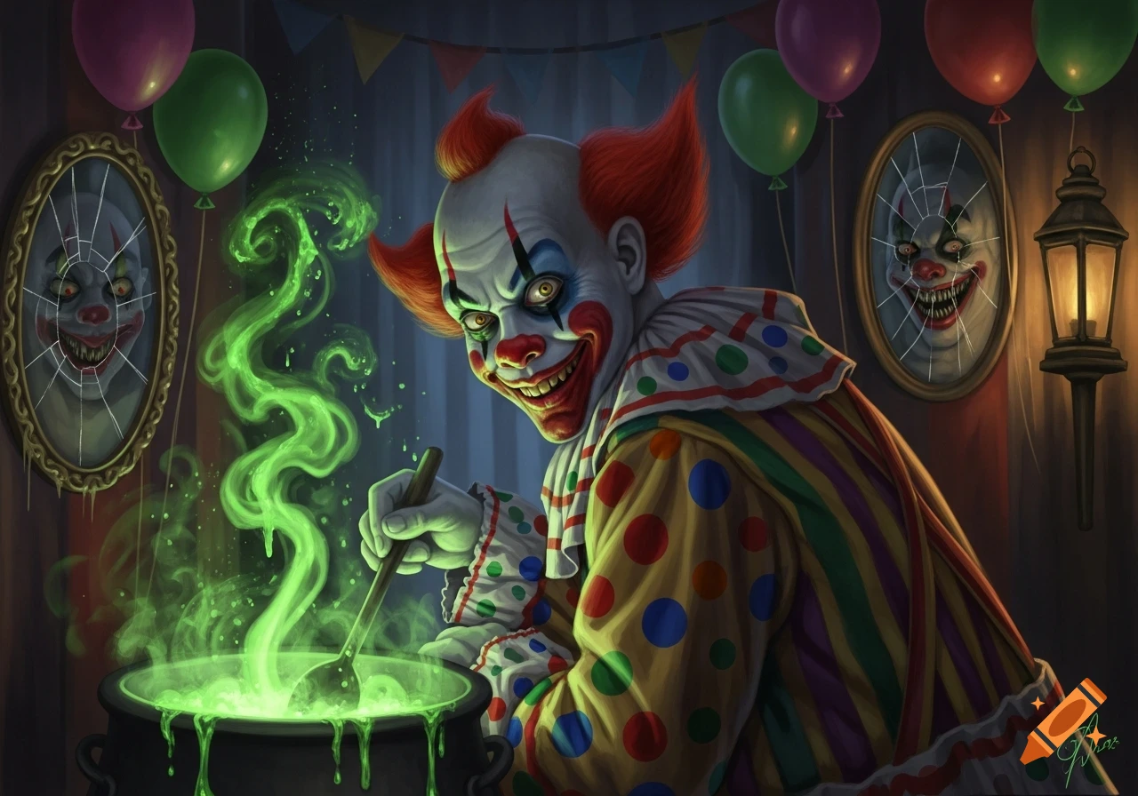 A scary clown with red hair and a colorful outfit stirs a glowing green cauldron, smiling evilly, with monstrous clown reflections in broken mirrors.