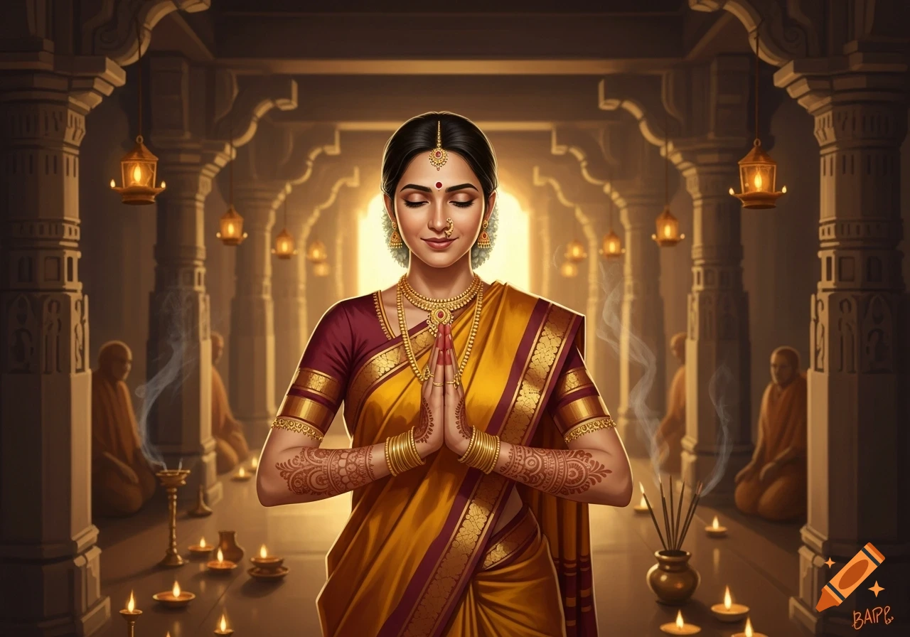 A beautiful Indian woman in a golden sari and traditional jewelry prays with folded hands in a richly decorated temple setting with oil lamps.