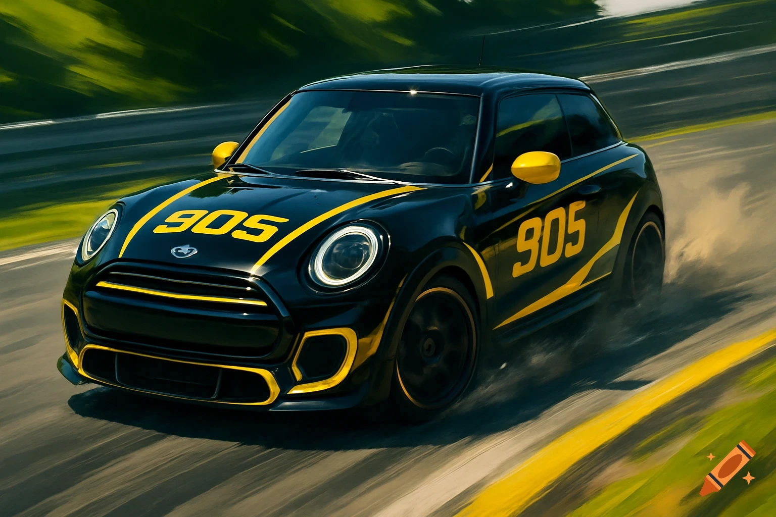 A black Mini Cooper racing car with yellow accents and the number 905, speeding on a track with motion blur.