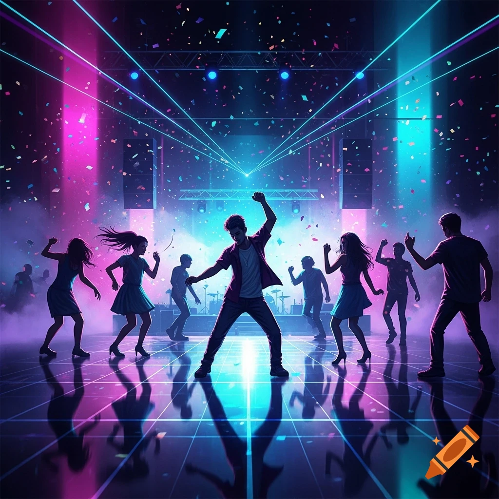 People dance under vibrant pink and blue neon lights with falling confetti in a club, reflecting on the floor.