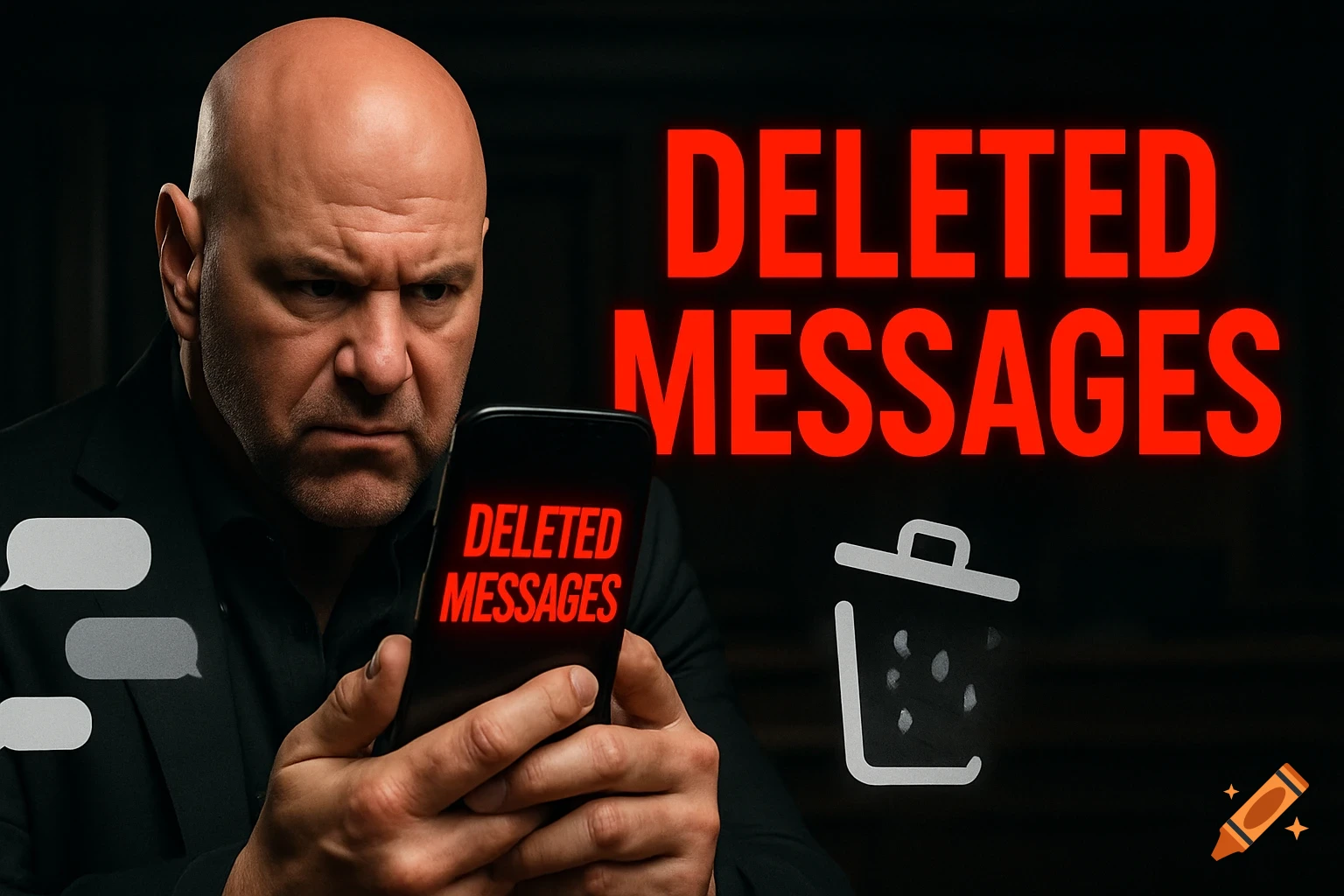 A bald man with an intense expression looking at a smartphone screen displaying 'DELETED MESSAGES', with chat bubbles and a trash can icon in a dark setting.