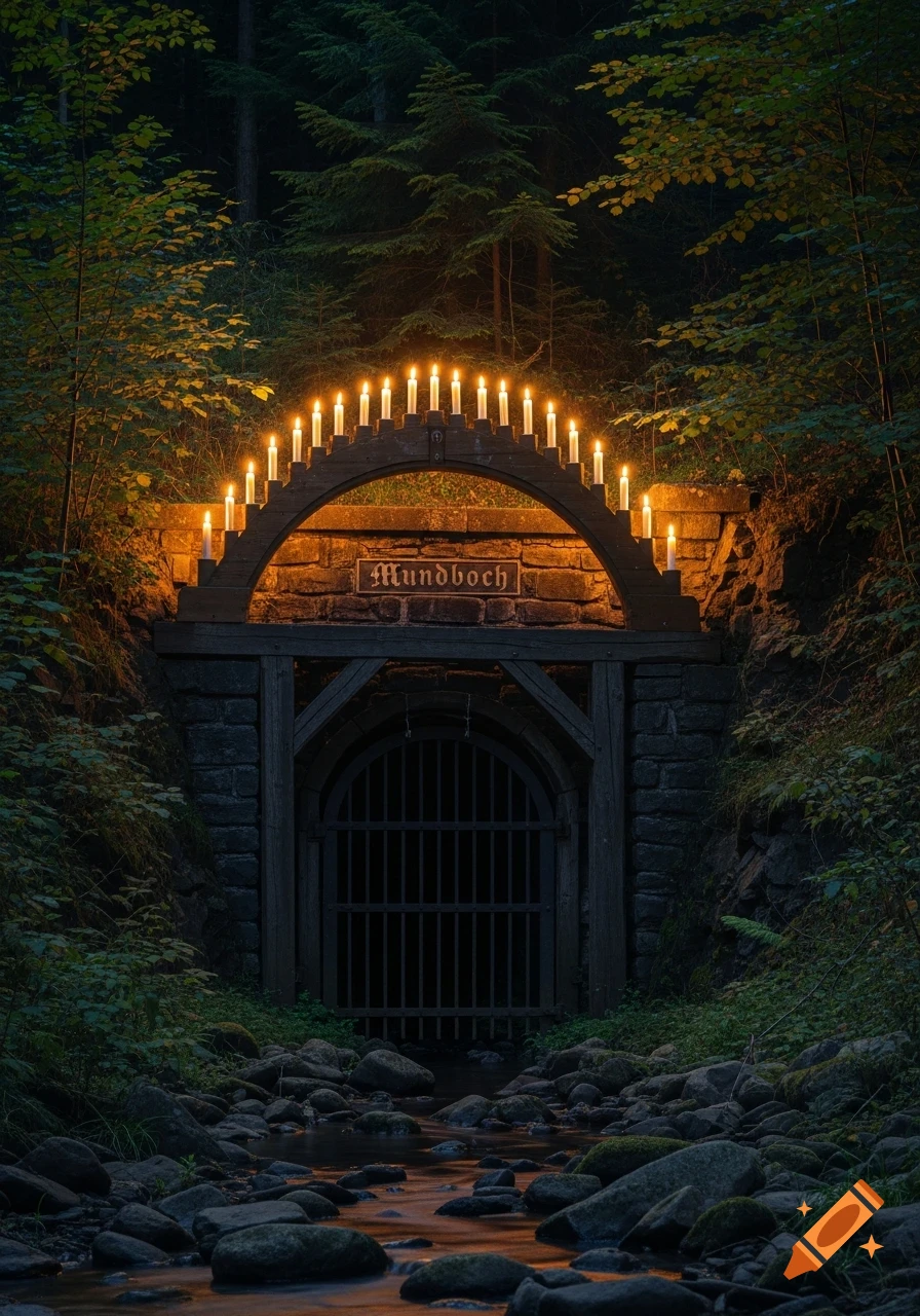 A photorealistic image of a candle-lit arched mine entrance labeled 'Mundloch' in a dark forest, with a rocky stream.