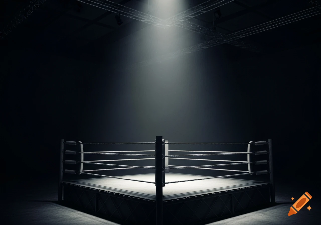 An empty boxing ring illuminated by a dramatic spotlight from above, surrounded by darkness.