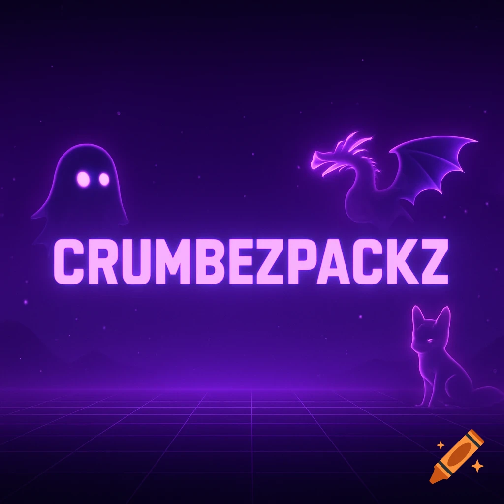 A retro-futuristic purple neon banner featuring a ghost, dragon, and fox silhouette, with the text "CRUMBEZPACKZ" glowing brightly.