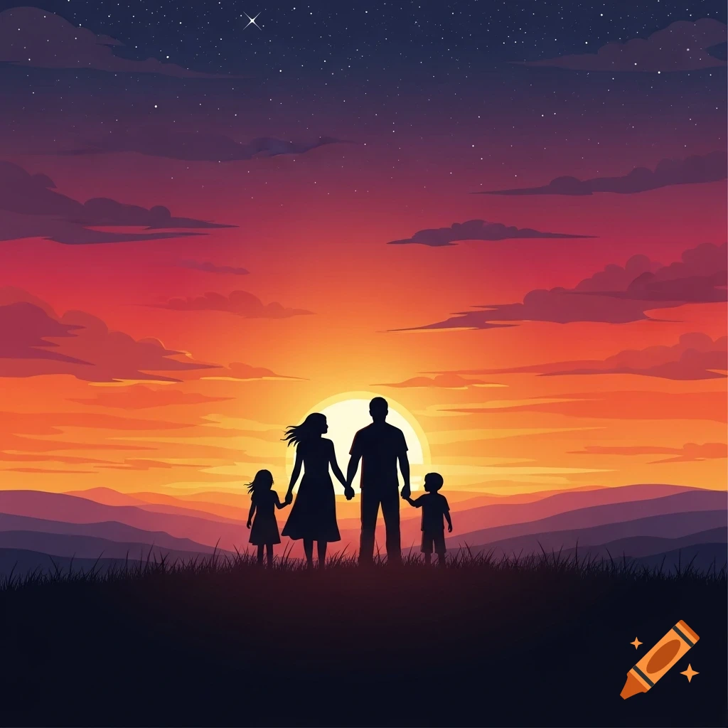 Silhouette illustration of a family of four on a hill, holding hands against a vibrant sunset over mountains and a starry sky.