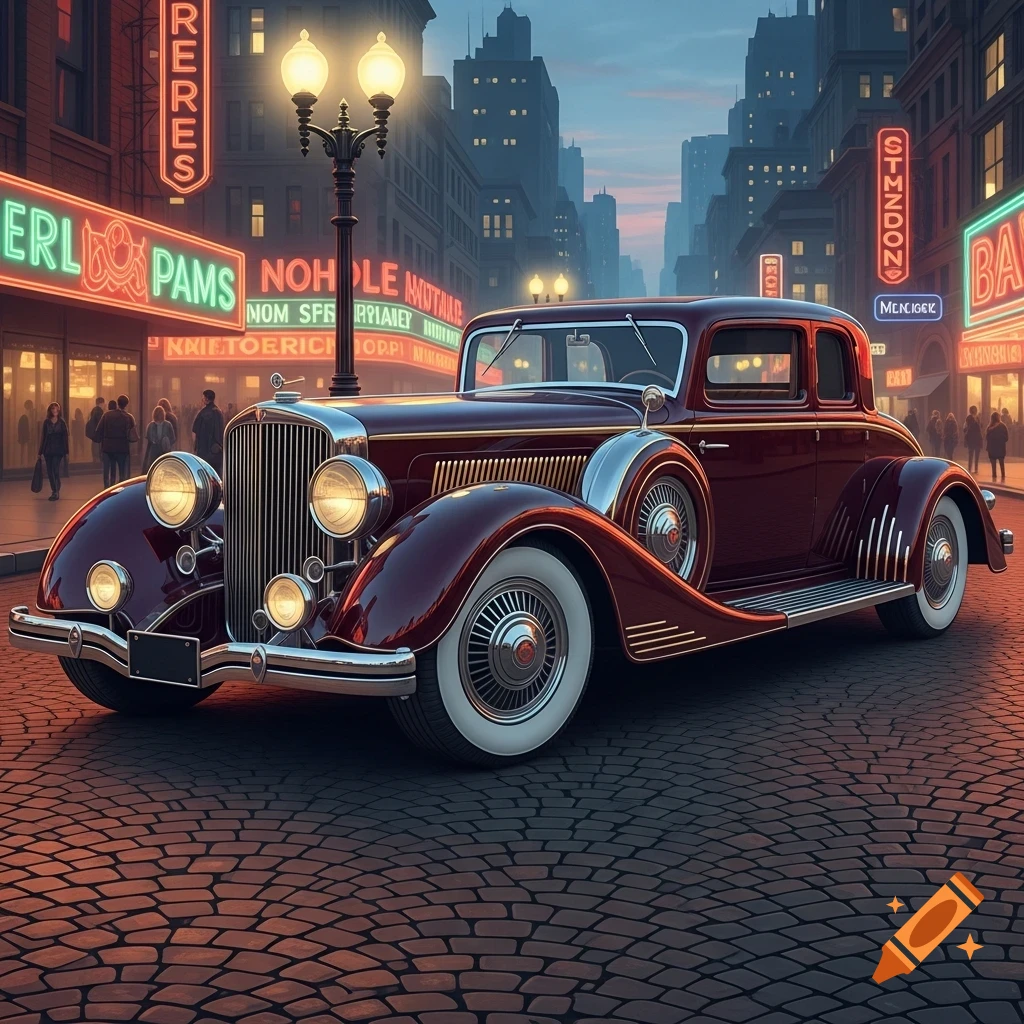 An Art Deco style vintage car in deep red with chrome accents, parked on a cobblestone street at dusk, with neon signs and city buildings.