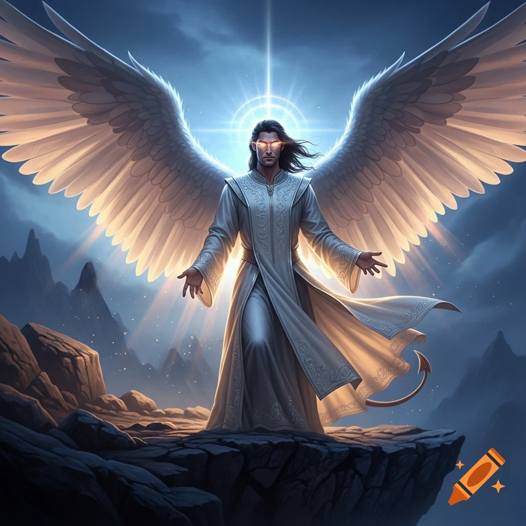 A powerful, long-haired figure with glowing eyes, large white wings, and a subtle devil's tail stands on a cliff under celestial light.