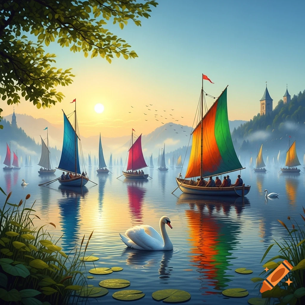 A scenic painting of a lake filled with colorful sailboats, a white swan, and lily pads at sunset, with mountains and a castle in the background.