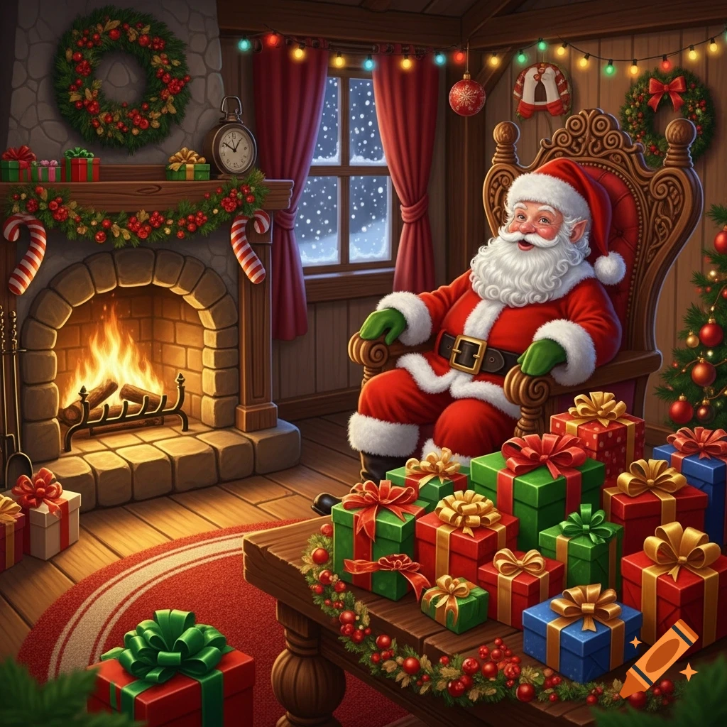 Santa Claus sits in a festive armchair by a warm fireplace in a cozy room filled with Christmas presents and decorations.