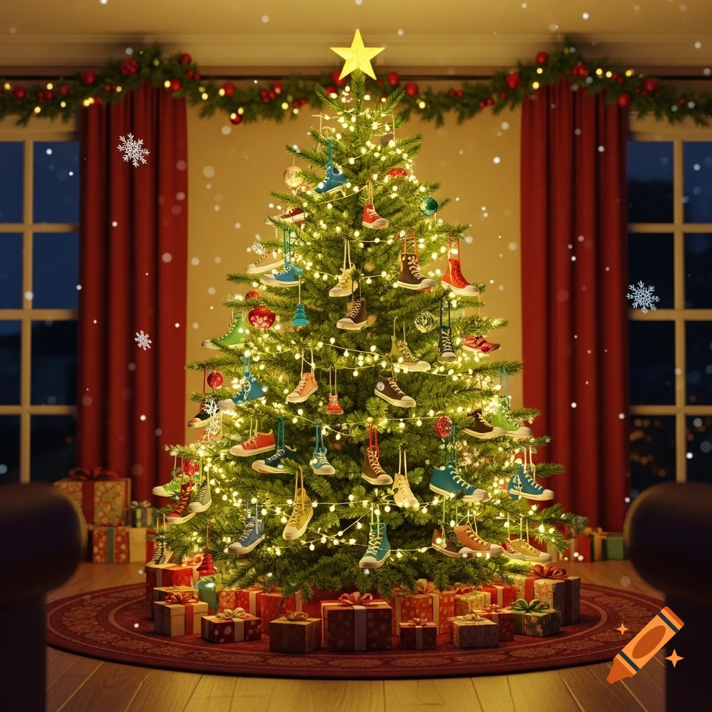 A beautifully lit Christmas tree adorned with colorful sneakers and traditional ornaments, surrounded by gifts, in a cozy room with snow falling outside.