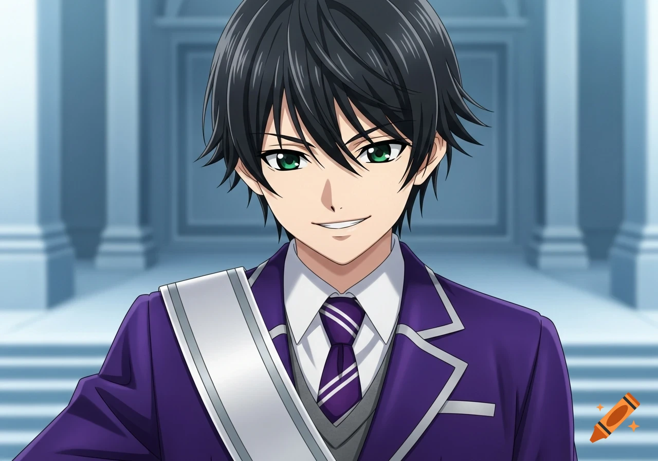 An anime boy with black hair and emerald green eyes smiles. He wears a purple school uniform with a silver sash and striped tie.
