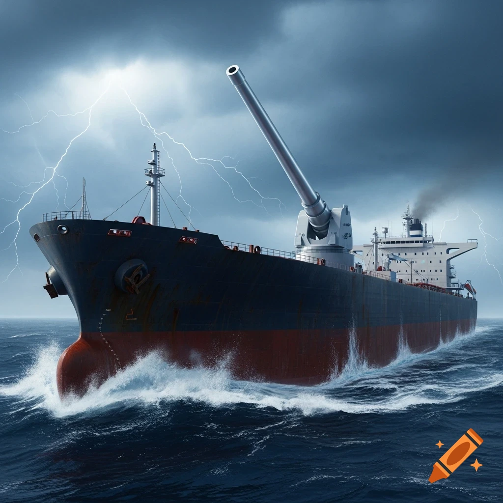 A massive oil tanker, fitted with a giant cannon, sails through turbulent stormy seas under a lightning-filled sky in a photorealistic style.