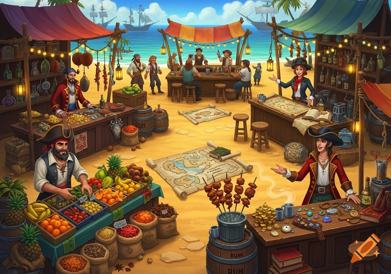A bustling cartoon pirate market on a sandy beach with various stalls selling fruits, treasures, maps, and rum, with pirate ships in the turquoise sea in the background.