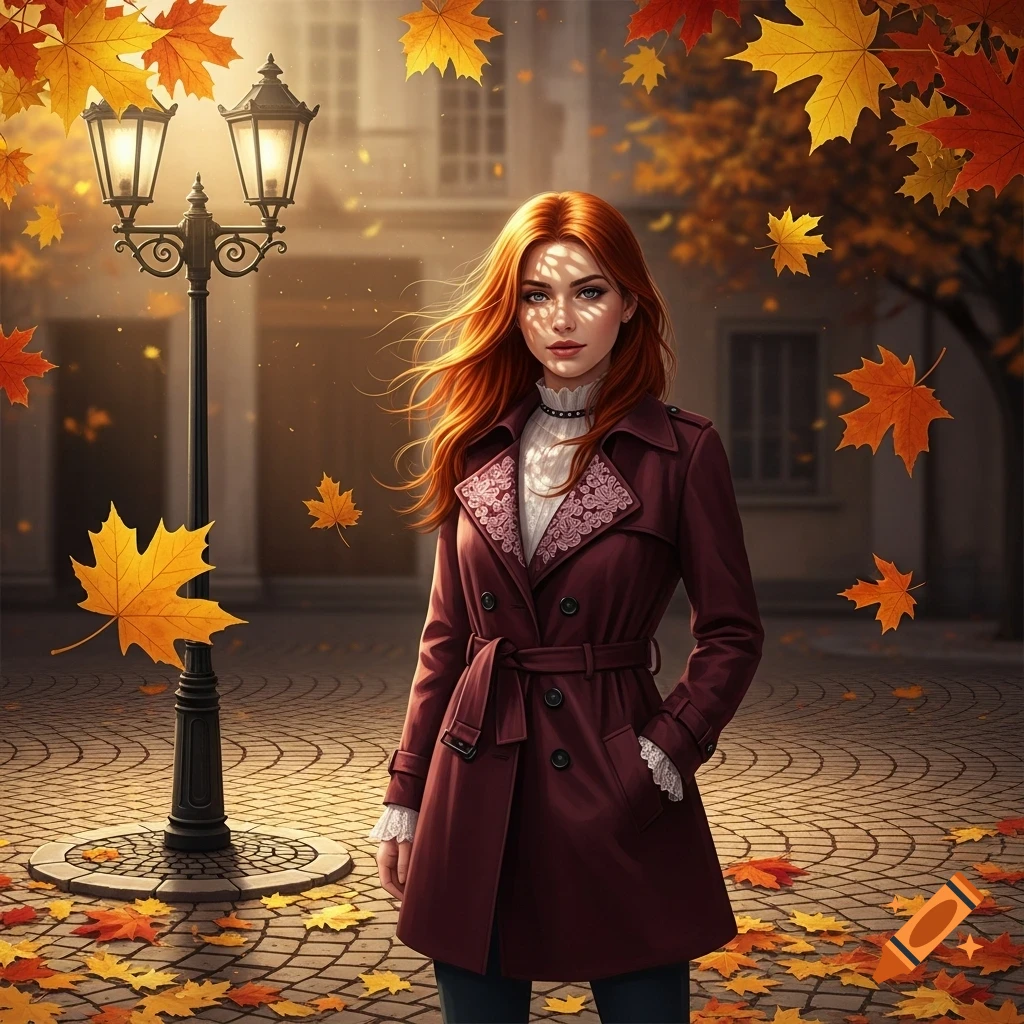 A young woman with long red hair wearing a dark red trench coat stands ...