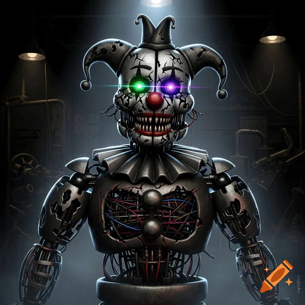 A creepy, cracked animatronic clown-like robot with glowing green and purple eyes, sharp teeth, and exposed wires, in a dark, industrial setting.