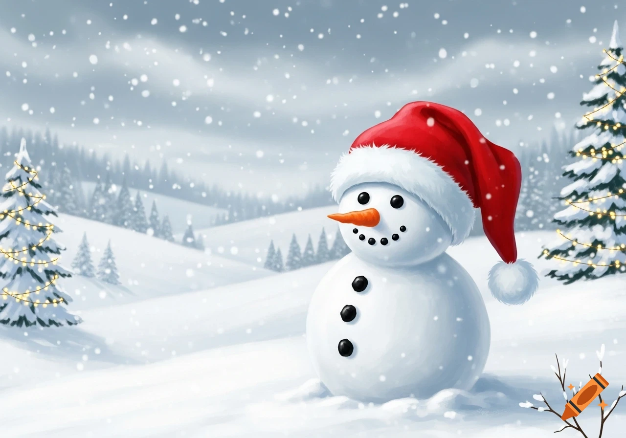 An illustration of a cheerful snowman wearing a red Santa hat in a snowy winter landscape with pine trees and falling snow.
