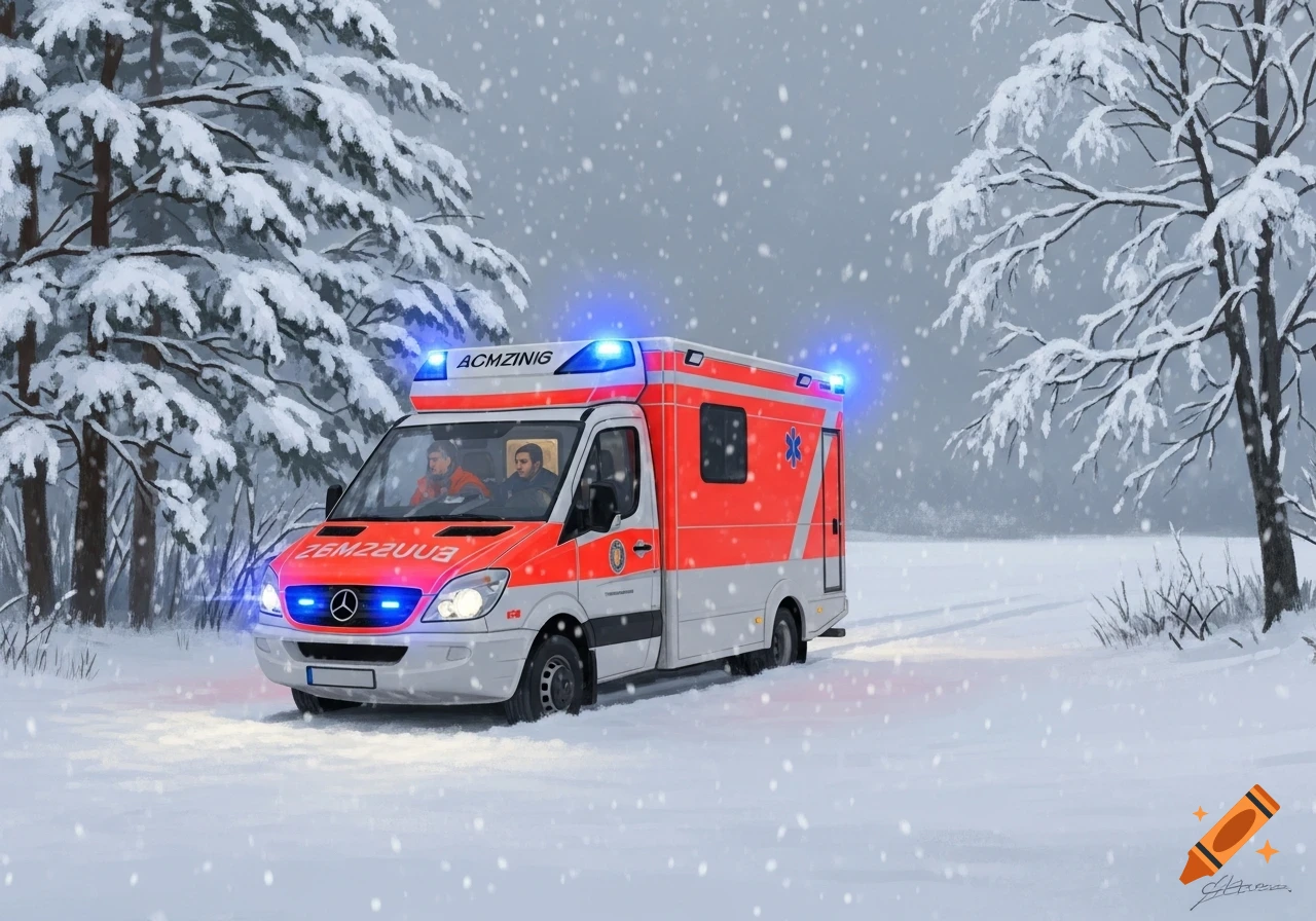 A red and white ambulance with blue flashing lights drives through a snowy forest during a snowfall.