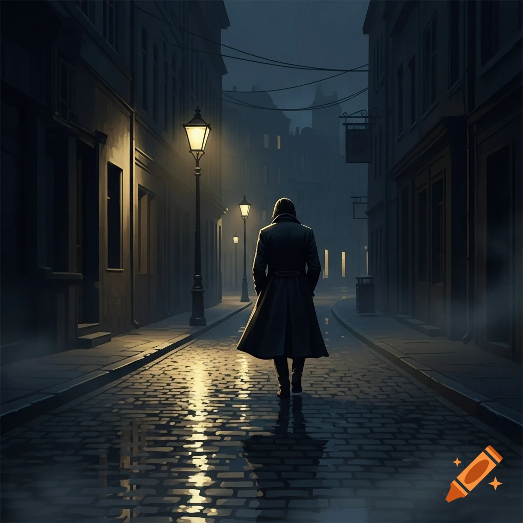 A solitary figure in a long coat walks down a dark, wet cobblestone street, lit by gas lamps, reflecting light.