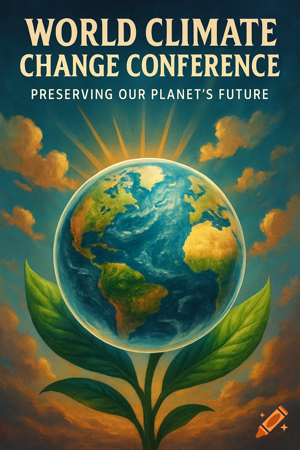 A stylized poster showing Earth as a plant with sun rays and clouds. Text reads 'WORLD CLIMATE CHANGE CONFERENCE. PRESERVING OUR PLANET'S FUTURE'.