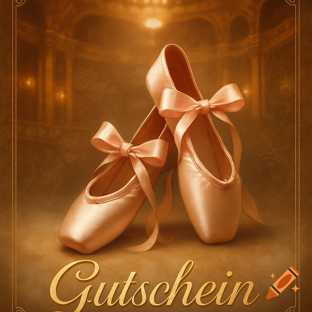 Two peach ballet pointe shoes with ribbons on a golden background, with 'Gutschein' text.