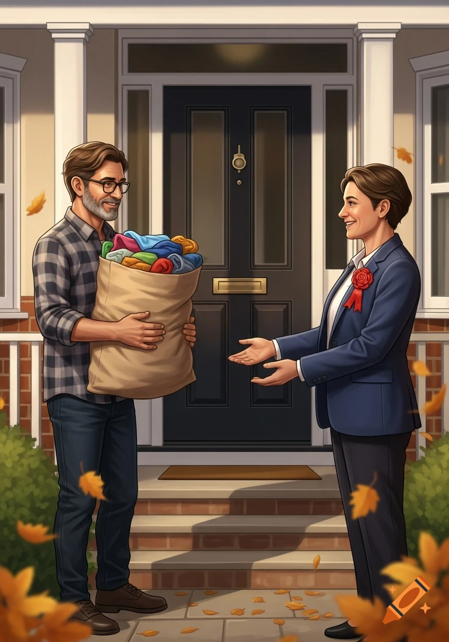 An illustrated man with glasses gives a large bag of colorful clothes to a woman wearing a blue blazer and a red rosette outside a front door, with autumn leaves scattered around.