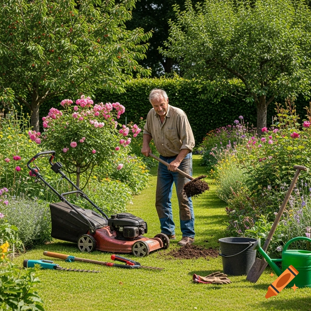 A happy older man digs dirt with a shovel in a lush, green garden with a lawnmower and various gardening tools.