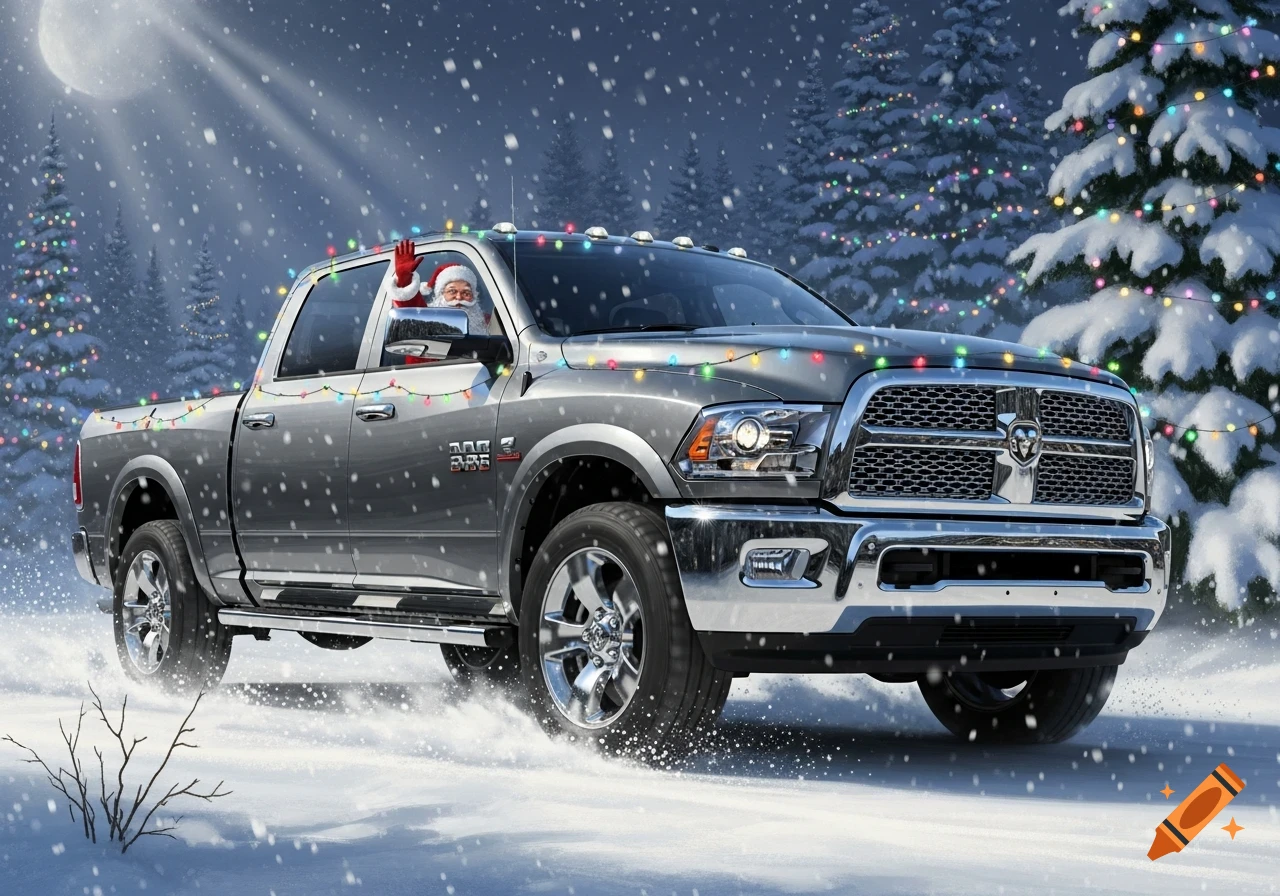 Santa Claus waves from a gray RAM pickup truck adorned with Christmas lights, driving through a snowy forest.