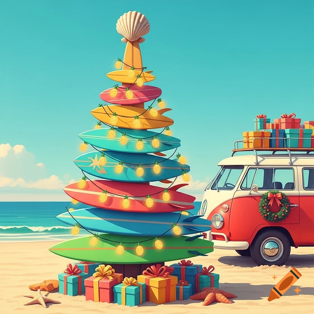 A colorful Christmas tree made of surfboards with pineapple lights and a seashell topper on a sandy beach, next to a vintage VW van laden with gifts.