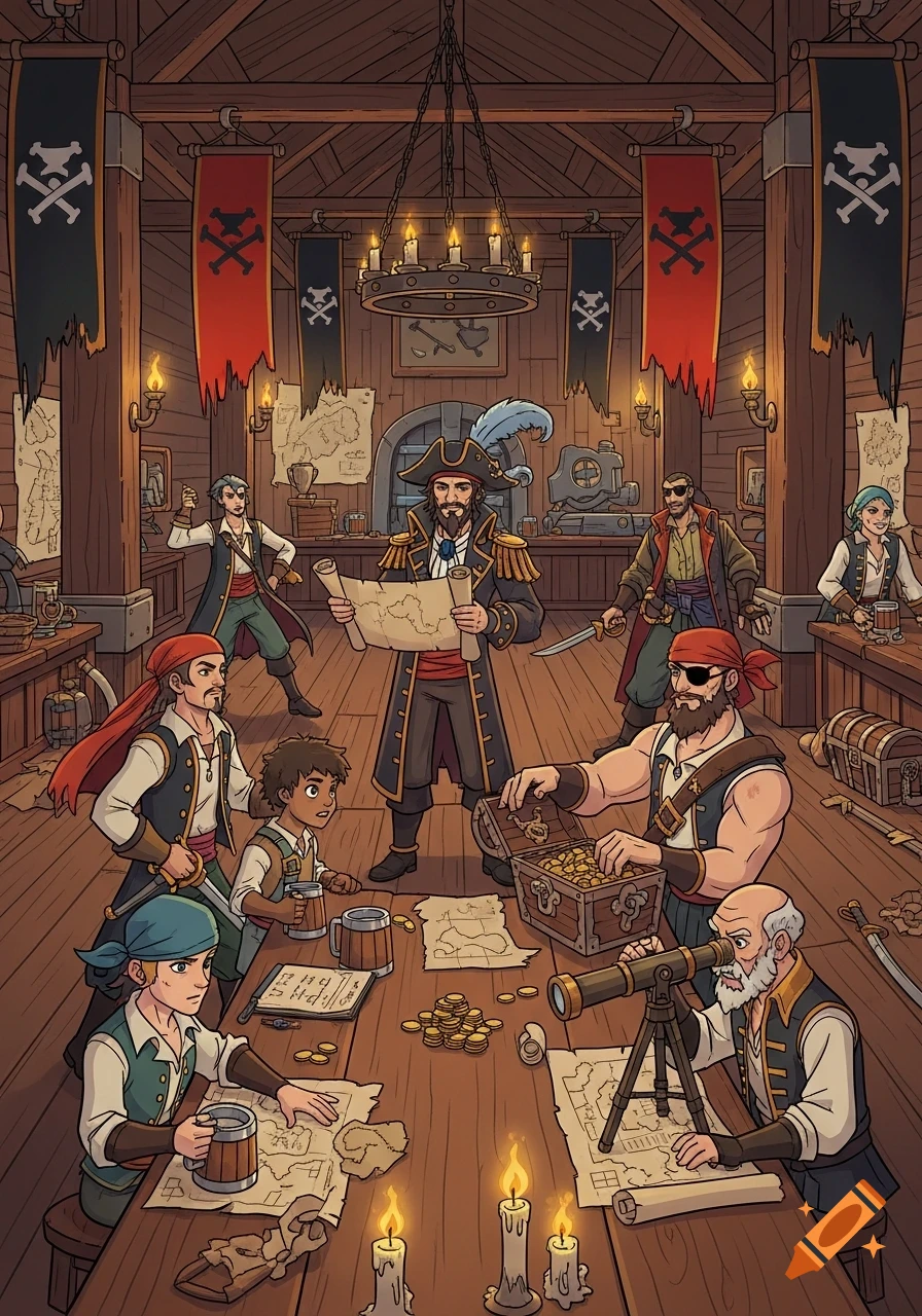 Cartoon illustration of a diverse group of pirates gathered in a wooden tavern, planning with maps and counting gold.