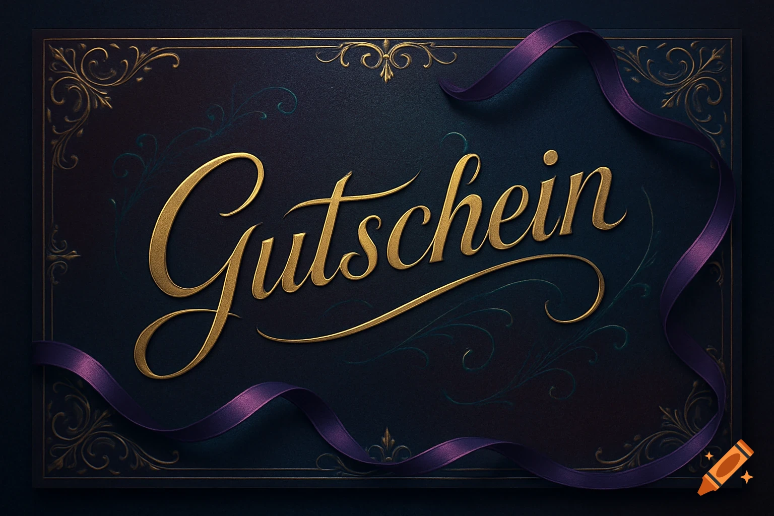 An elegant dark blue voucher with golden script reading 'Gutschein', framed by gold filigree and purple ribbons.