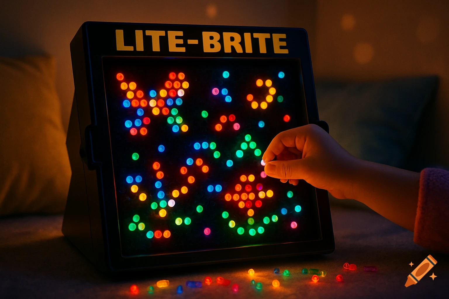 Child's hand placing a glowing peg into a Lite-Brite toy, creating a colorful pattern. Photorealistic.