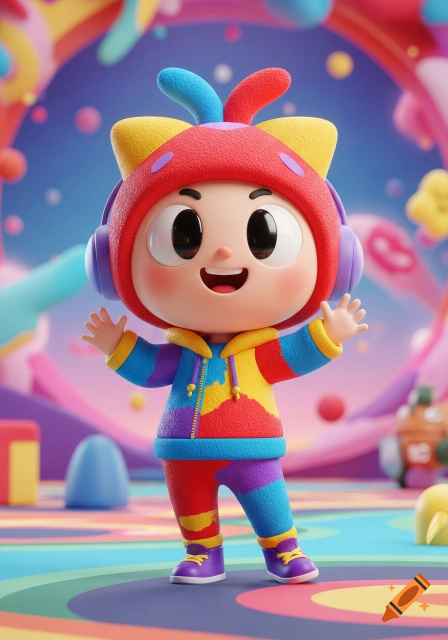 A cute 3D cartoon character in a red cat-eared hoodie, purple headphones, and a multicolored jumpsuit, smiling with hands raised in a whimsical, colorful setting.