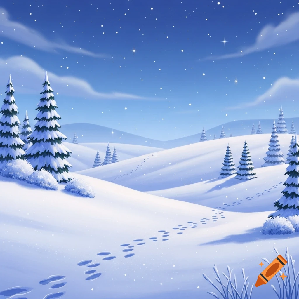 A stylized winter landscape with snow-covered hills, pine trees, bushes, and footprints under a starry blue sky.