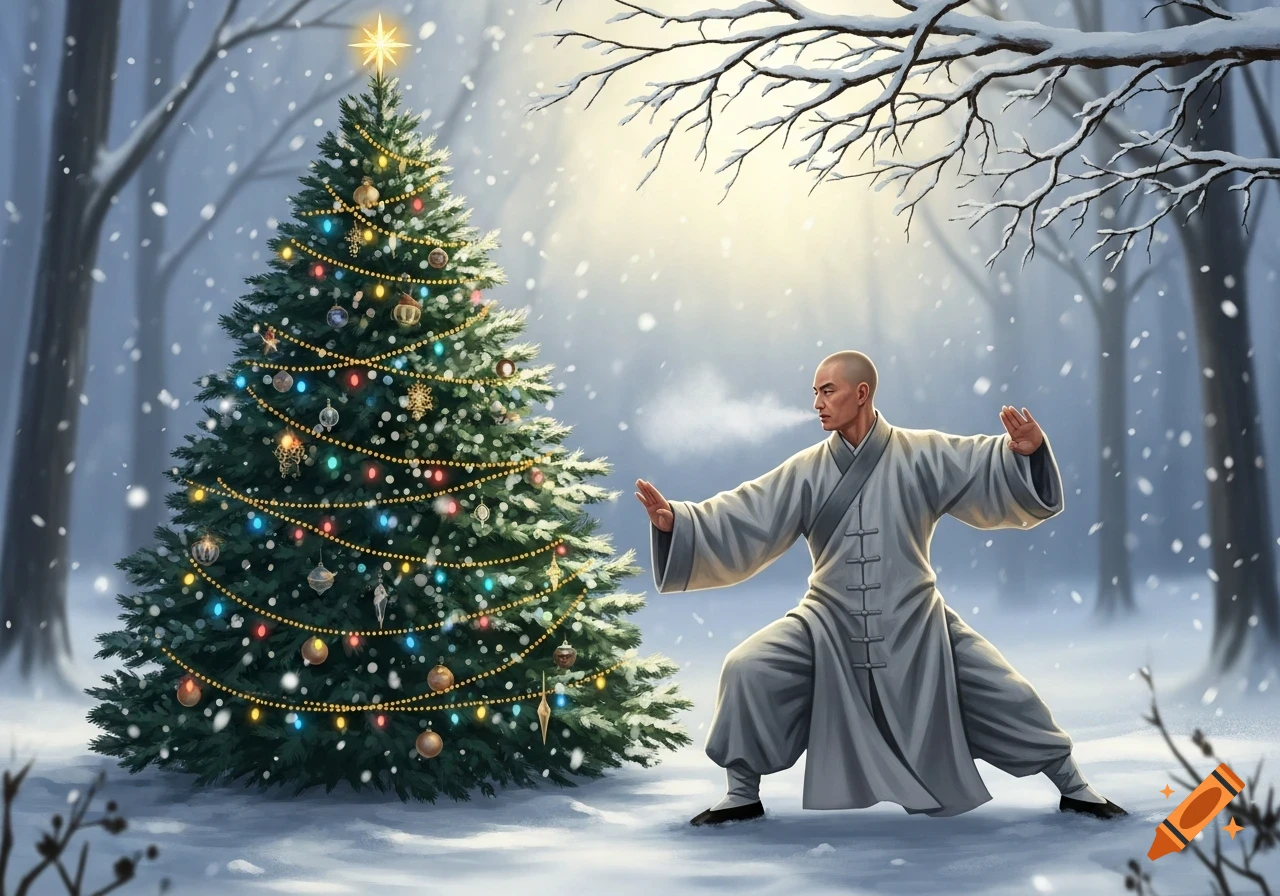 A Daoist monk practices Taichi next to a decorated Christmas tree in a snowy winter forest with falling snow.