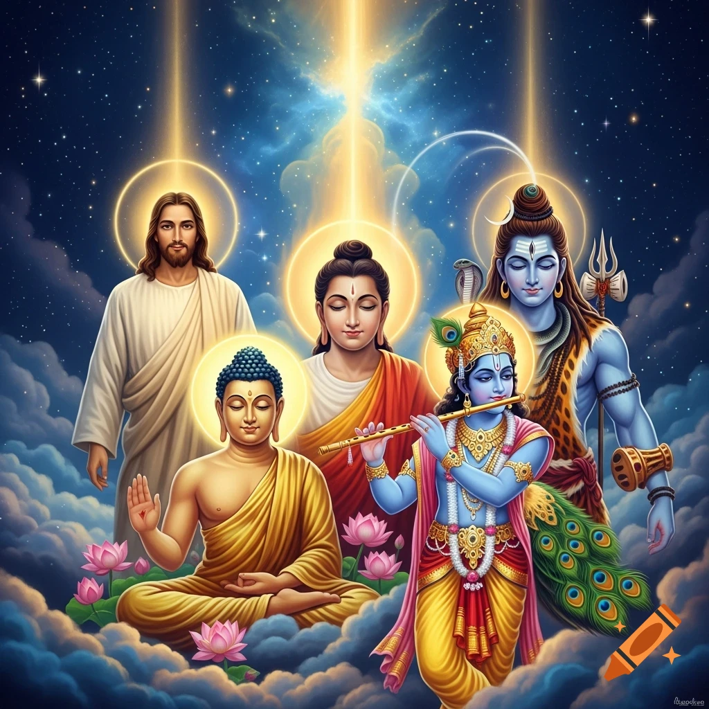 Religious figures Jesus, Buddha, Krishna, and Shiva in a celestial, cloudy setting with glowing halos and starry background.