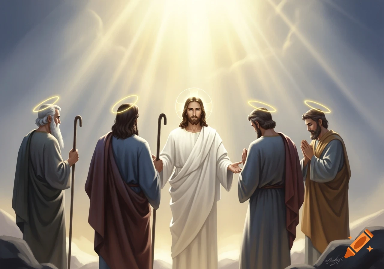 Illustrated depiction of Jesus Christ, Moses with a staff, and Elijah with praying hands, standing under shining divine light with halos.