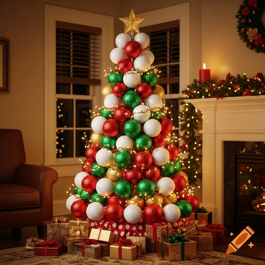 A Christmas tree decorated with red, green, gold, and white golf balls, topped with a golden star, surrounded by wrapped presents in a festive living room.